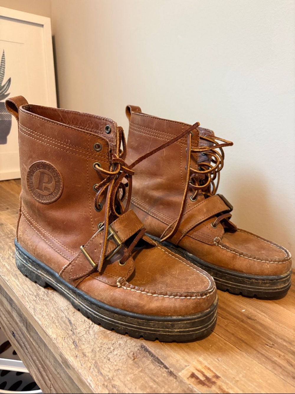 Ralph Lauren Polo Sport Men's Brown Leather Ranger Lace-Up Boots Buckle